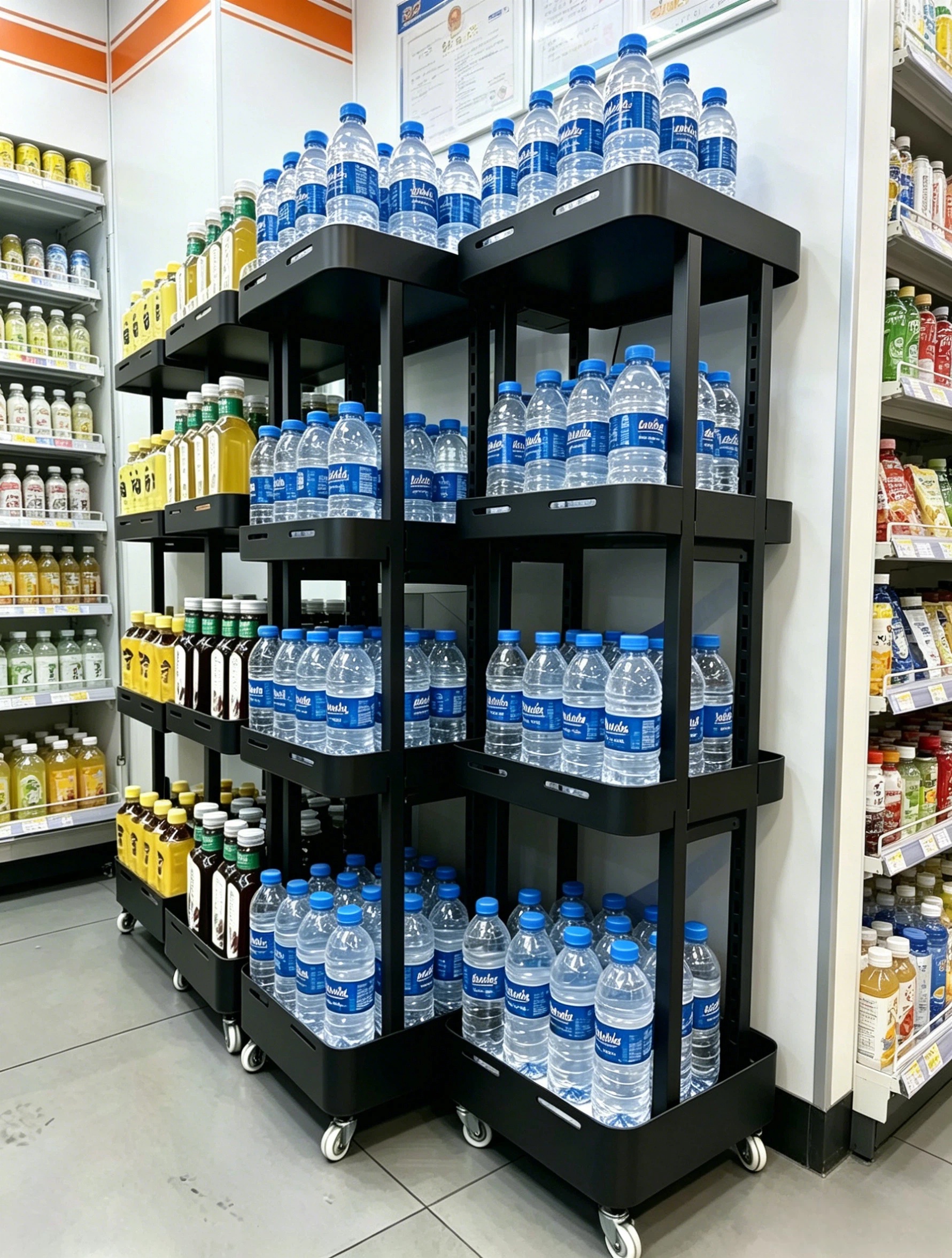 Black 4X mobile display racks clustered in a supermarket aisle, stocked with bottled beverages