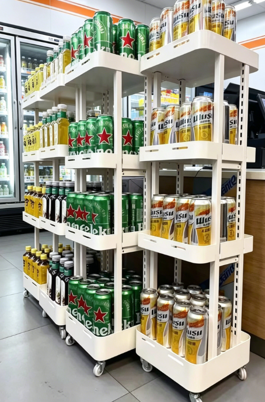 White 4X mobile display racks lined up along a convenience store wall, fully loaded with beverages