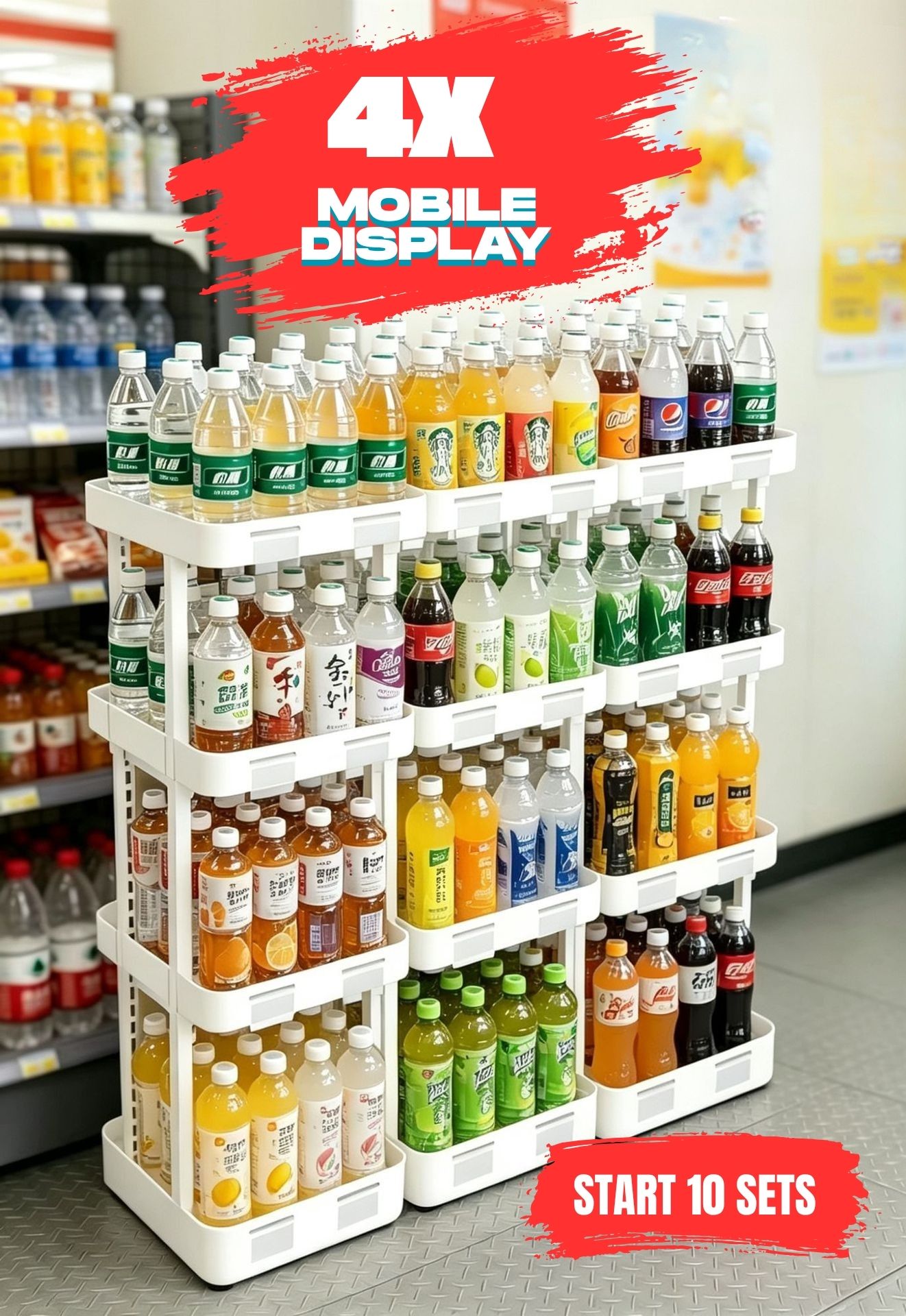 4X Mobile Display Rack — modular 4-tier rolling beverage display rack in a convenience store