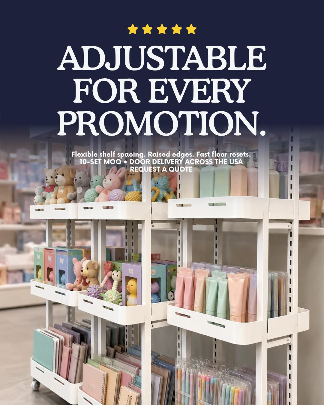 Adjustable angled trays on the mobile display rack holding different product sizes