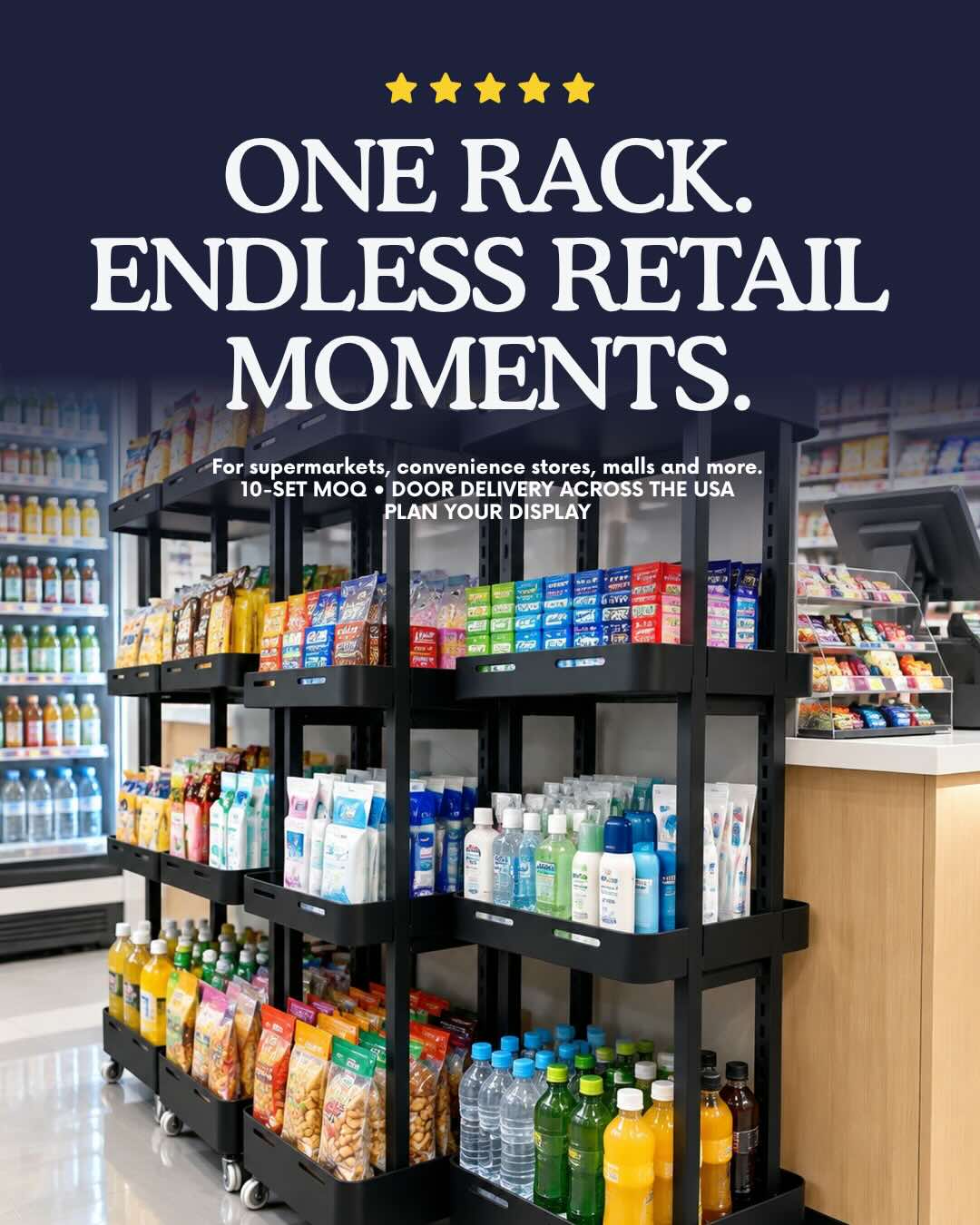 Mobile display rack used as a secondary display point near checkout in a retail store