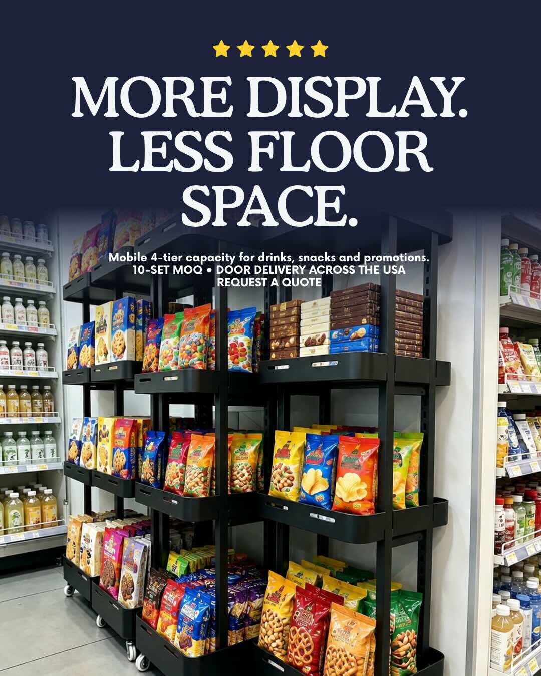 Slim mobile display towers creating high-density beverage facings in a narrow store aisle